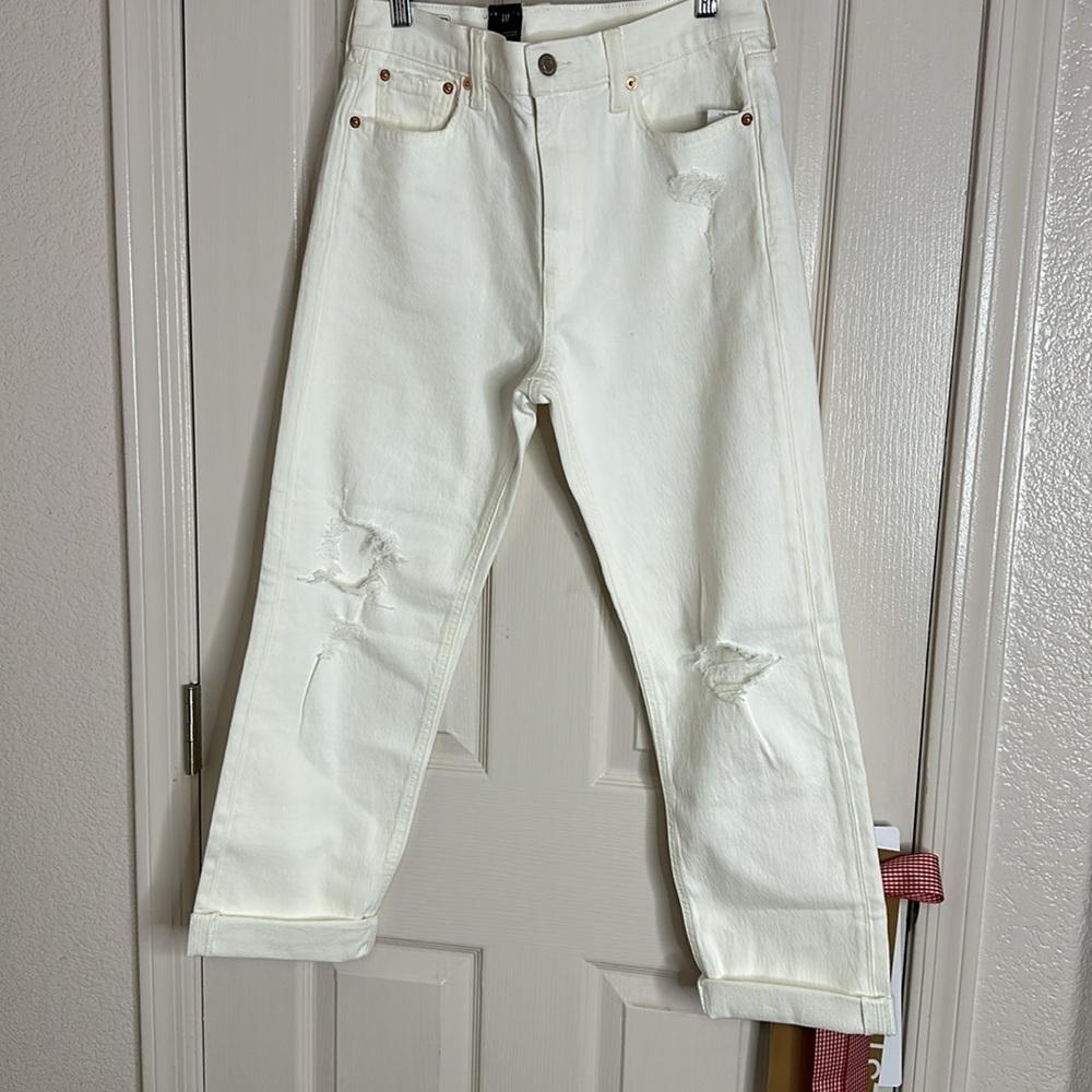 Gap High Rise- cheeky Straight Distressed White Jeans Size 28